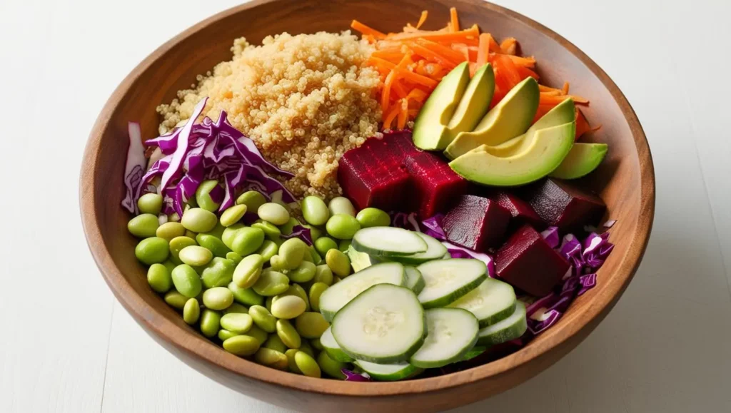 tazón arcoiris Tazon con pepinos, edamames, zanahoria, arroz aguacate y col morada