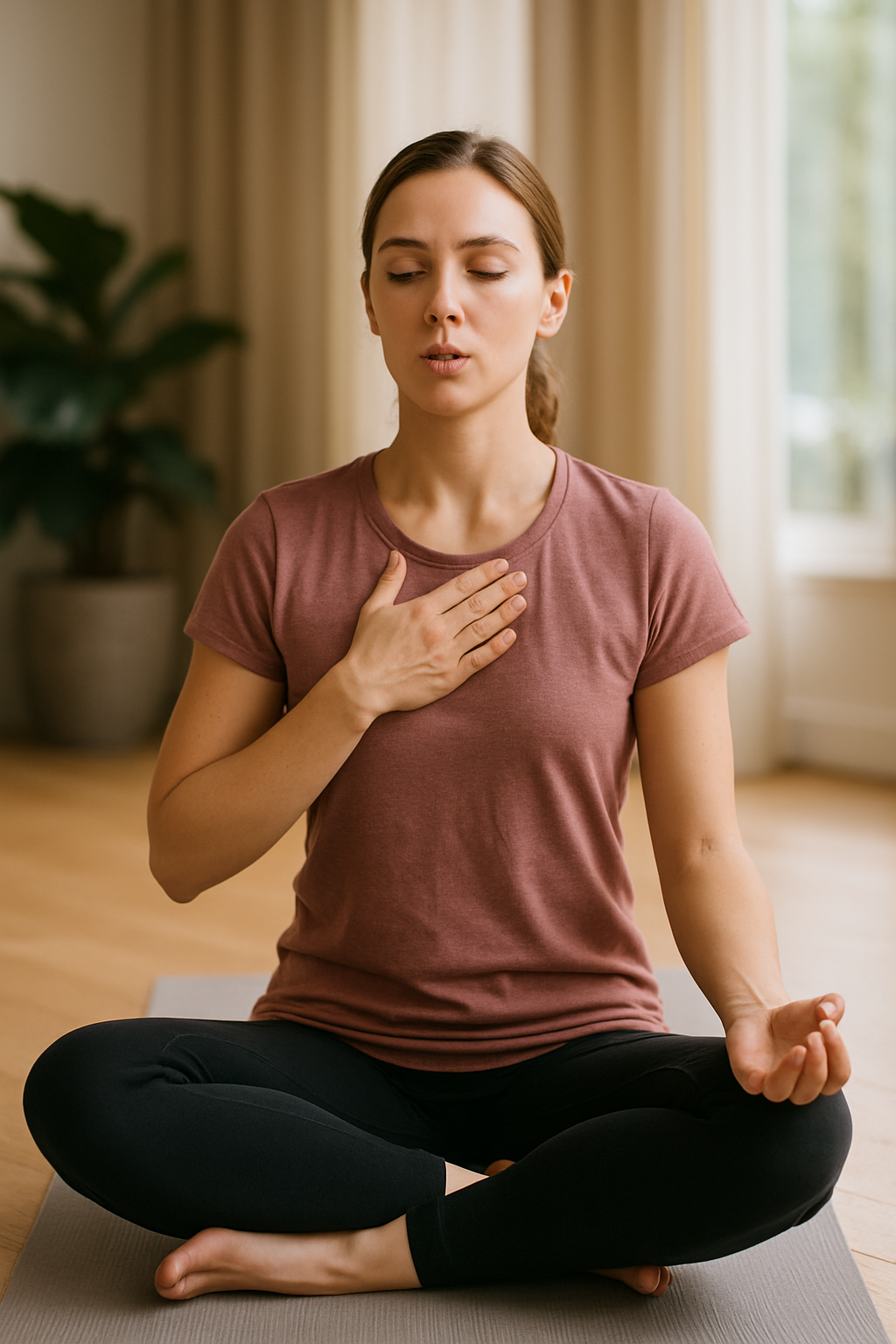 Una mujer serena en postura de meditación con los ojos cerrados, juntando sus manos a la altura del pecho en señal meditativa