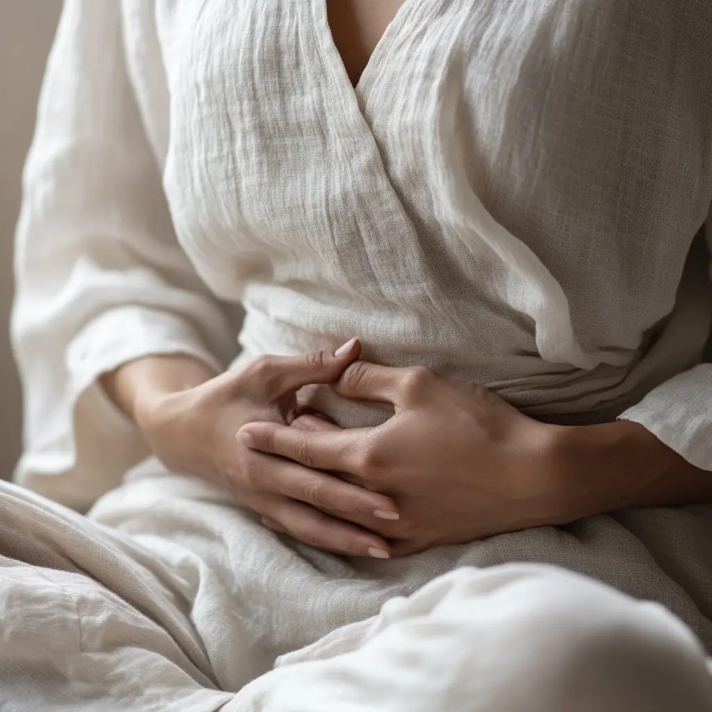 Cuerpo de mujer tocándose el vientre para sentir su respiración