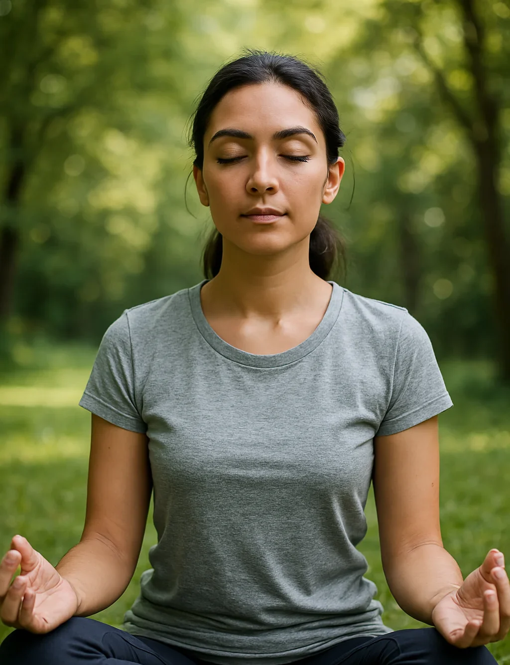 Mujer meditando en medio de un campo al atardecer