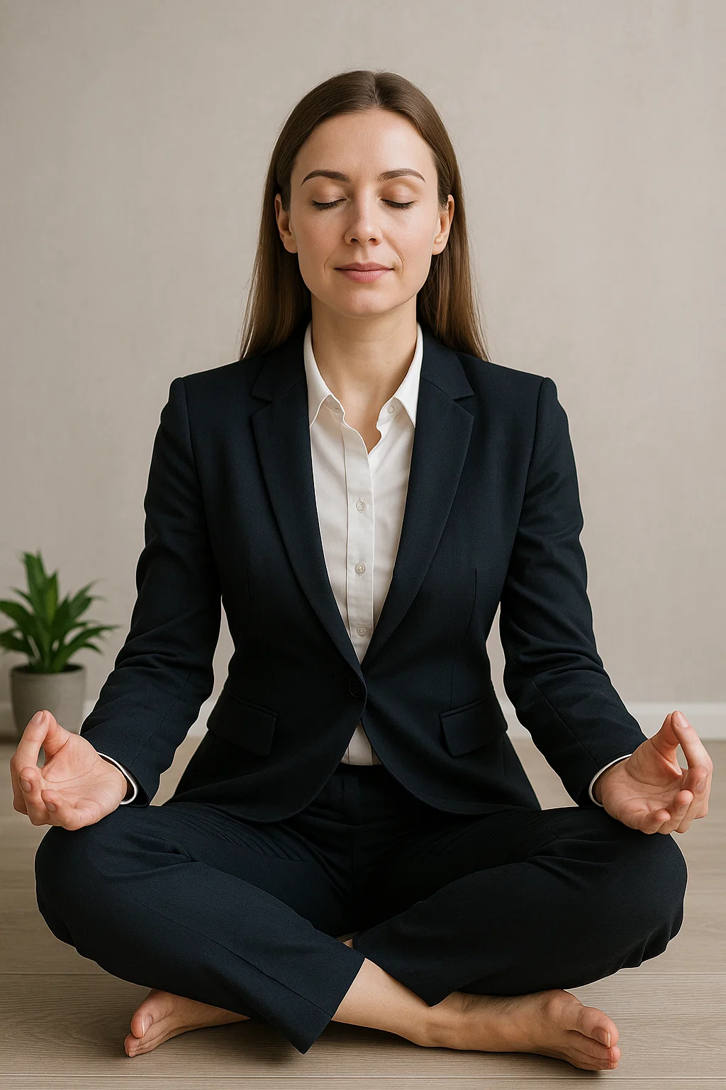 Mujer meditando sobre el pasto.