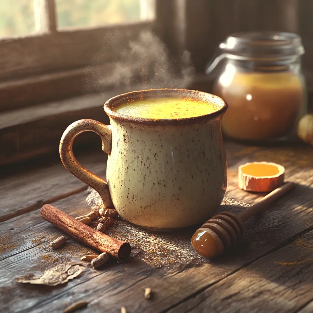 taza humeante con leche de cúrcuma rodeada de rajas de caneja y miel