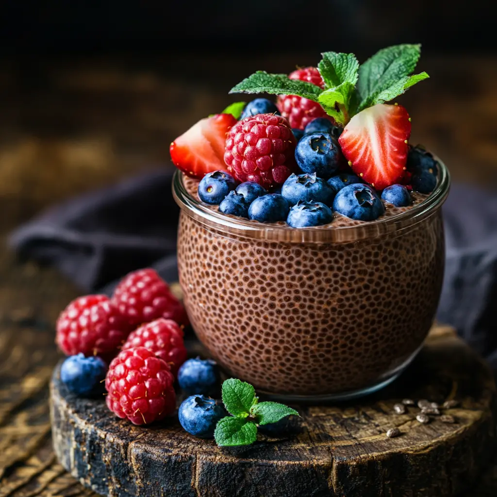 Pudin de semillas de chía con frutos rojos en un tazón rodeado de frutos rojos