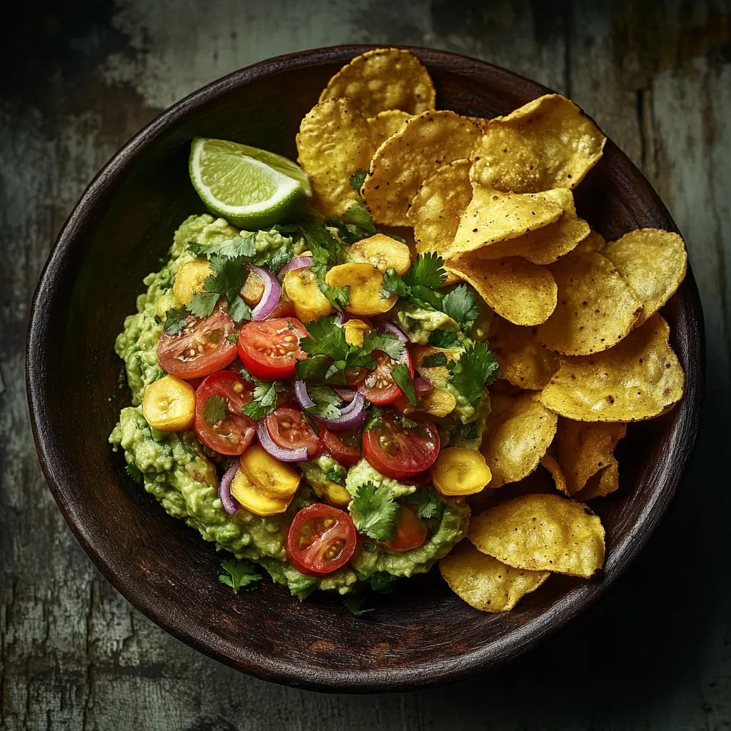 guacamole con jitomate acompañado de chips de plátano en un plato extendido